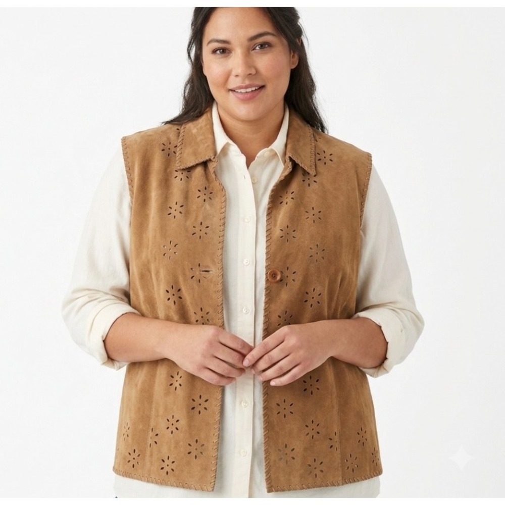 Coldwater Creek Vest Womens XL Tan Suede Leather Floral‎ Eyelet Western H28036